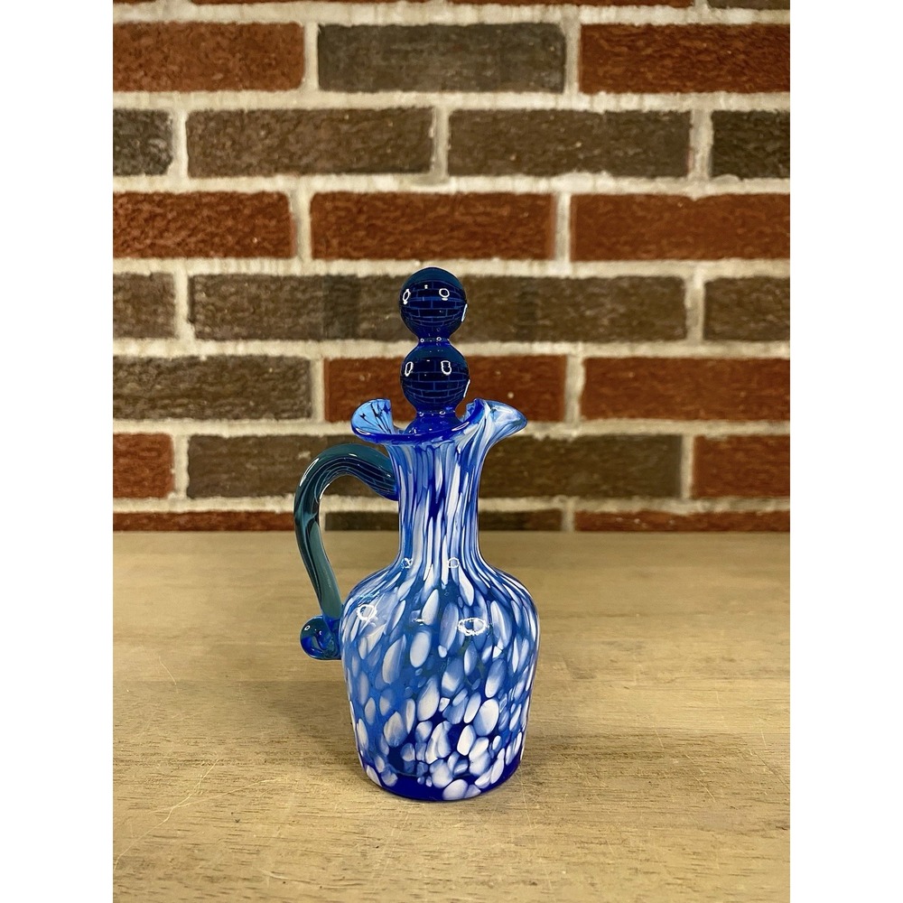 Vtg.Rainbow Art Glass Cruet - Hand Blown Blue with Spatter Milk Spots 6" T